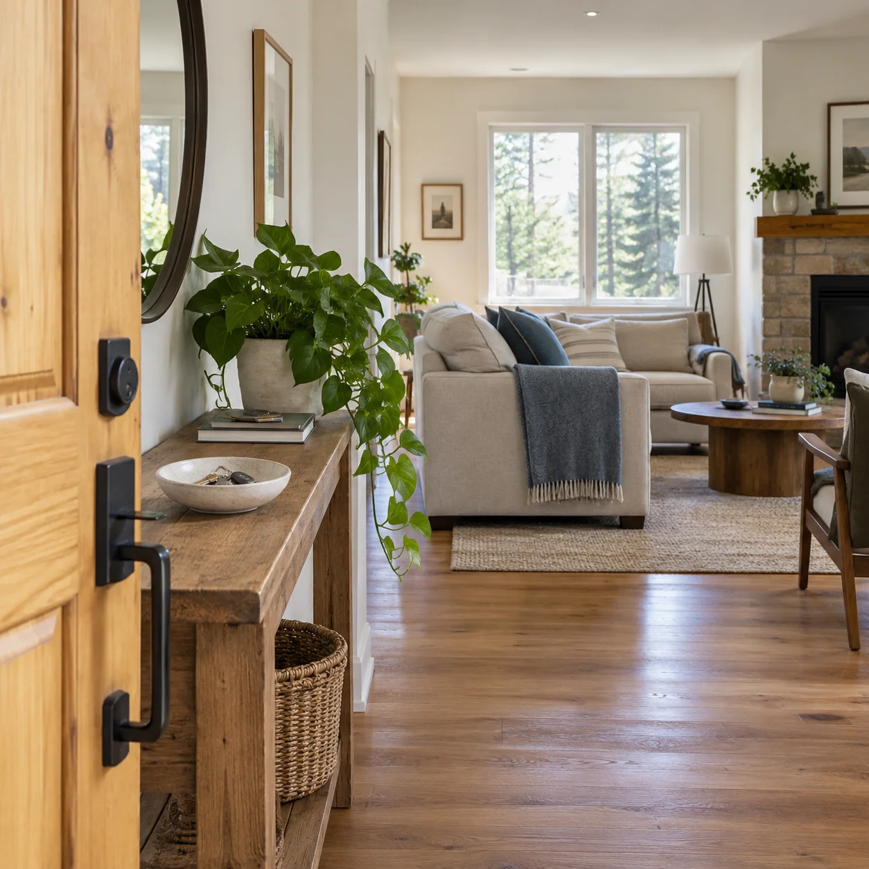 A welcoming home entry opening into a bright, comfortable living room
